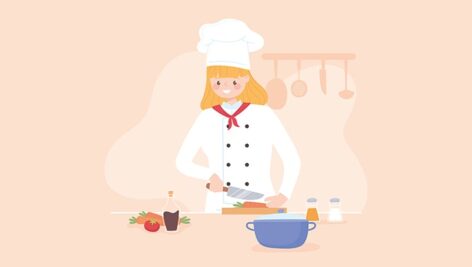 وکتور کاراکتر زن جوان در حال آشپزی در آشپزخانه
