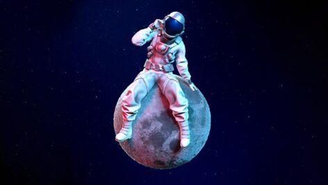 تصویر سه بعدی فضانورد نشسته روی کره ماه
