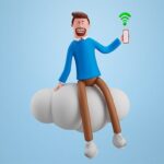 تصویر PNG کاراکتر سه بعدی مرد تاجر روی ابر با موبایل