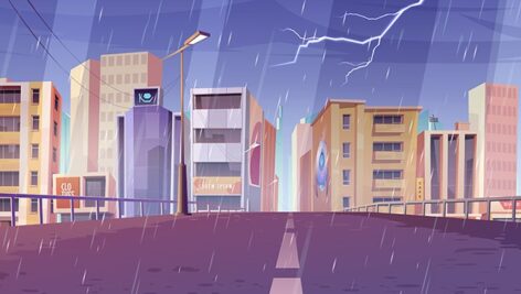 وکتور تصویرسازی خیابان شهر در روز بارانی