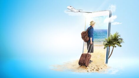 تصویر پس زمینه مرد با چمدان و مفهوم مسافرت و تعطیلات