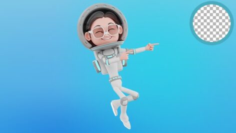 تصویر PNG کاراکتر سه بعدی دختر فضانورد خوشحال و اشاره کردن