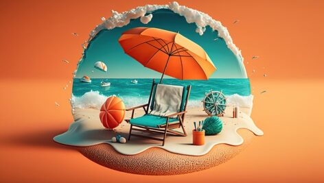 تصویر رندر سه بعدی با مفهوم تابستان و ساحل دریا