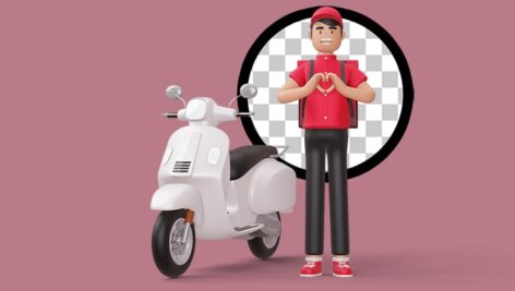 تصویر PNG کاراکتر سه بعدی مرد با موتورسیکلت و مفهوم دلیوری