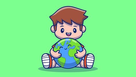 وکتور کاراکتر کارتونی پسربچه با کره زمین