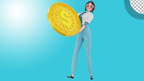 تصویر PNG کاراکتر سه بعدی دختر جوان و نگه داشتن سکه
