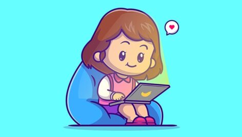 وکتور کاراکتر کارتونی دختر بچه در حال بازی لپ تاپ