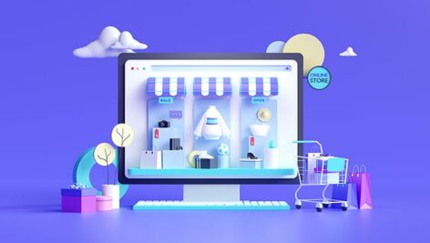 تصویر رندر طراحی سه بعدی مانیتور با مفهوم فروشگاه آنلاین