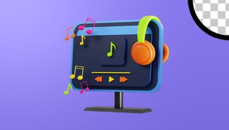 تصویر PNG سه بعدی کامپیوتر در حال پخش موسیقی
