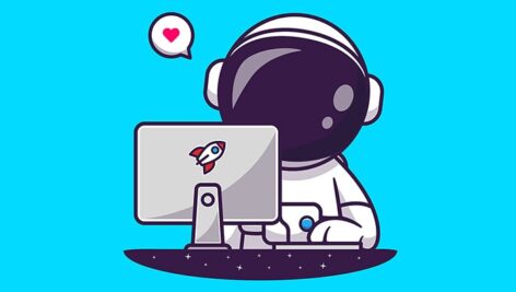 وکتور کاراکتر کارتونی فضانورد با لپ تاپ و چت کردن