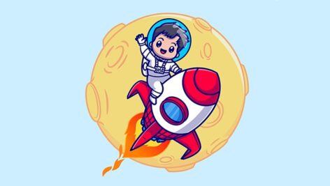 وکتور کاراکتر کارتونی پسر بچه با لباس فضانوردی و موشک