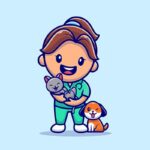 وکتور کاراکتر کارتونی دختر بچه با حیوانات خانگی