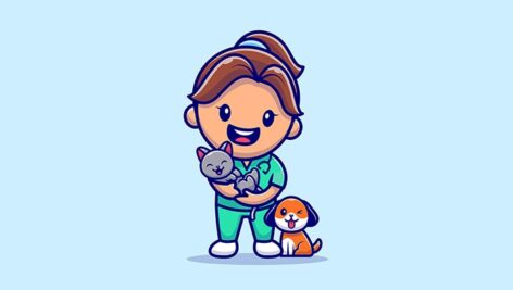 وکتور کاراکتر کارتونی دختر بچه با حیوانات خانگی