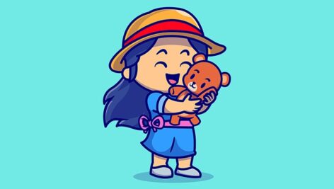 وکتور کاراکتر کارتونی دختر بچه در حال بازی کردن با عروسک
