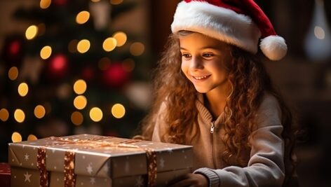 تصویر پس زمینه دختر بچه با کلاه بابانوئل و شب کریسمس