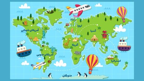 وکتور تصویرسازی نقشه قاره های جهان با مفهوم مسافرت
