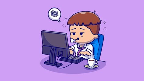 وکتور کاراکتر کارتونی پسر بچه خسته و کار با کامپیوتر