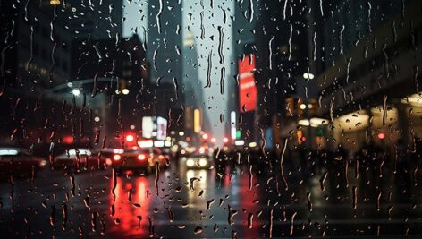تصویر پس زمینه نمای شهر در روز بارانی