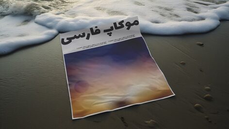 فایل لایه باز موکاپ فارسی کاغذ و برگه روی شن ساحل