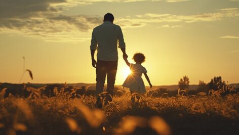 تصویر دختربچه و پدر در غروب آفتاب