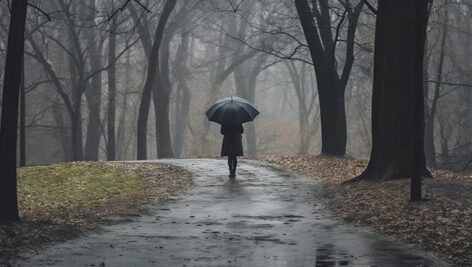 تصویر زن تنها با چتر و پیاده روی در روز بارانی