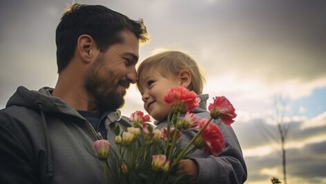 تصویر پدر و کودک با گل و مفهوم روز پدر