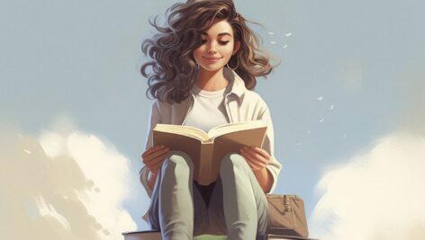 تصویر کارتونی دختر جوان در حال کتاب خواندن
