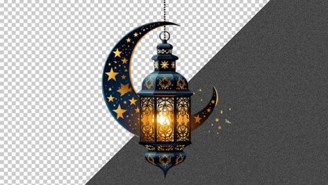 تصویر PNG ماه رمضان طرح هلال ماه و فانوس روشن