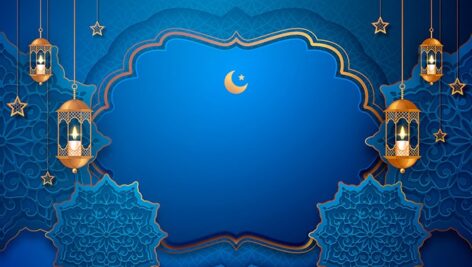 تصویر ماه رمضان طرح اسلیمی و فانوس با فضای کپی