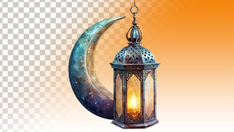 تصویر PNG ماه رمضان طرح فانوس روشن و هلال ماه