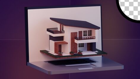 تصویر PNG طرح سه بعدی لپ تاپ و خانه با مفهوم معماری