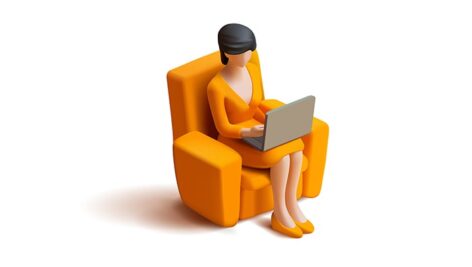 وکتور کاراکتر سه بعدی زن تاجر با لپ تاپ نشسته روی مبل