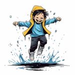 وکتور پسربچه شاد در روز بارانی و پریدن توی چاله آب