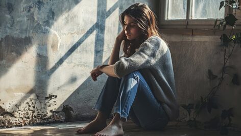 تصویر دختر جوان افسرده و ناراحت در خانه قدیمی