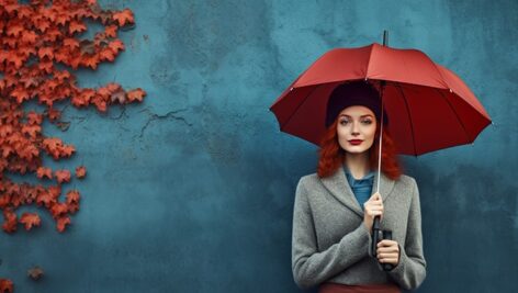 تصویر دختر جوان اروپایی با چتر در فصل پاییز