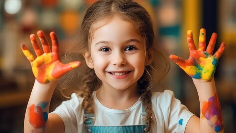 تصویر دختر بچه خوشحال با دستان رنگی