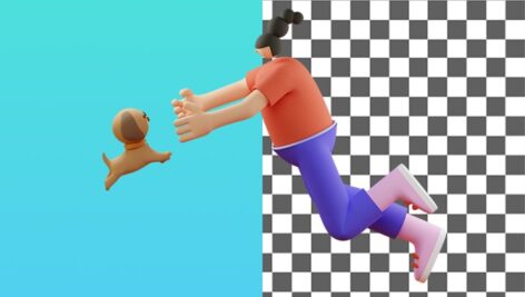 تصویر PNG کاراکتر سه بعدی دختر و بازی کردن با سگ