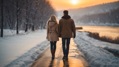 تصویر زن و شوهر جوان در حال پیاده روی در زمستان