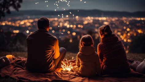 تصویر خانواده نشسته در کنار آتش و نمای شهر در شب