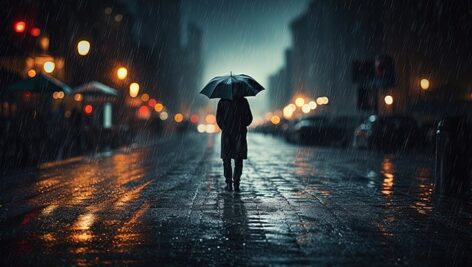 تصویر مرد تنها در حال پیاده روی زیر باران