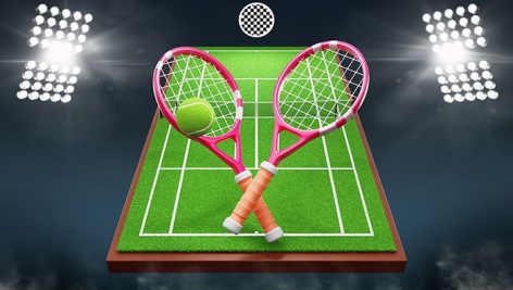 3d tennis court with rackets ball night stadium with Top