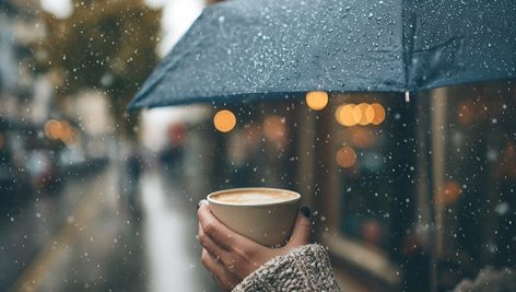 تصویر دست زن با چتر و قهوه در روز بارانی