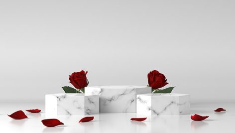 تصویر پس زمینه پودیوم مرمر با گل رز