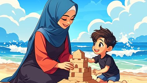 تصویر کارتونی مادر و پسر بچه در ساحل دریا
