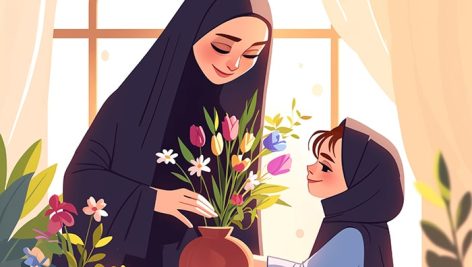 تصویر مادر و دختر با گل طرح روز مادر
