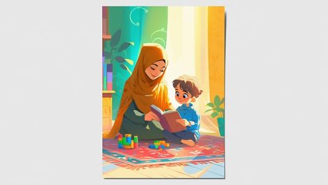 تصویر مادر و پسر بچه در حال کتاب خواندن
