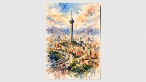 تصویر شهر تهران با برج میلاد طرح آبرنگی