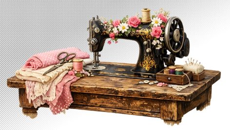 تصویر PNG چرخ خیاطی قدیمی روی میز