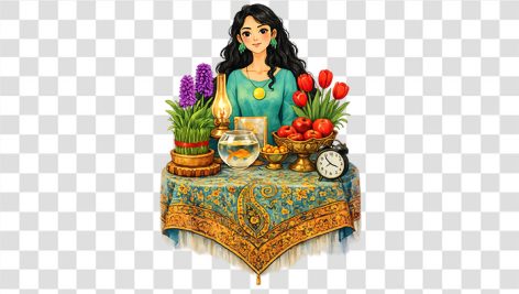 تصویر PNG دختر جوان با سفره هفت سین