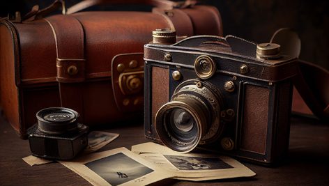 تصویر دوربین قدیمی عکاسی روی میز